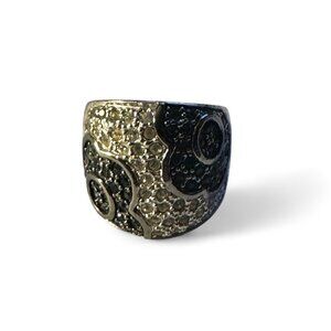 Statement Cocktail Ring Gold Tone + pavé Black & Clear Crystal Floral Design 7